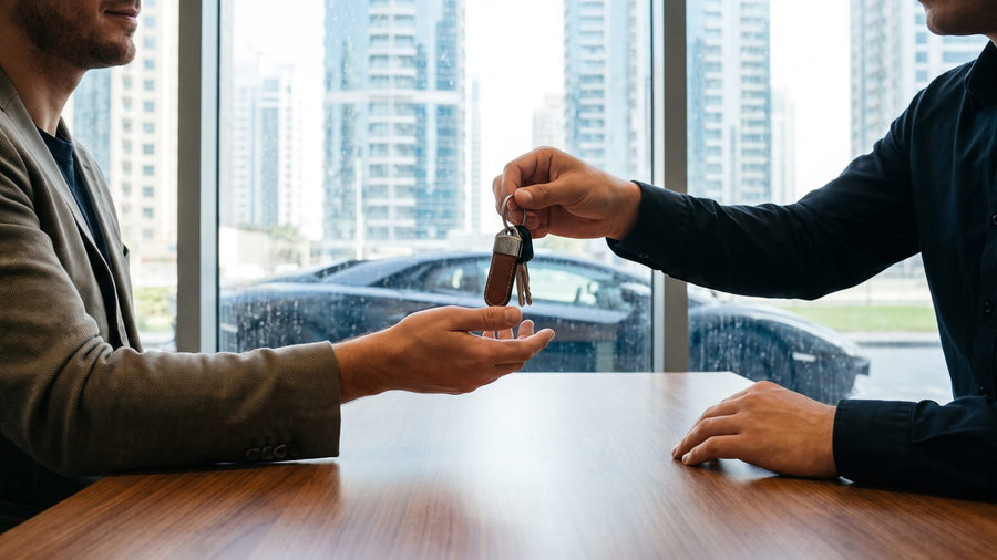 Handing over supercar keys at a Dubai Marina rental office
